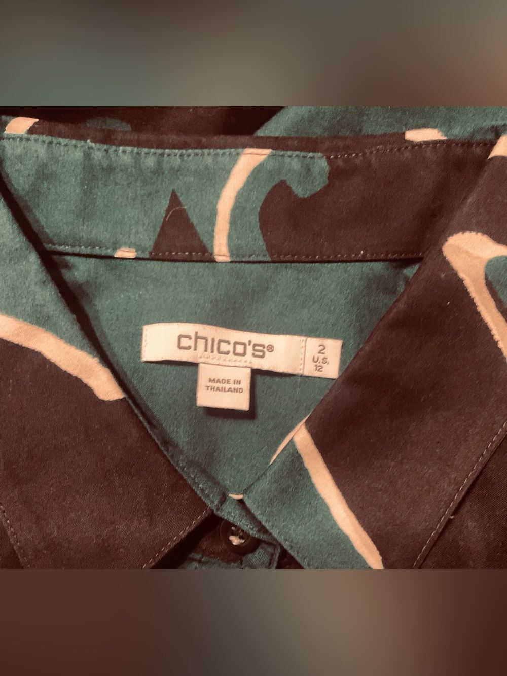 Chico's Forest Teal Black Cream Abstract Floral Button-Down Shirt  Sz 2 us 12 - Picture 10 of 11